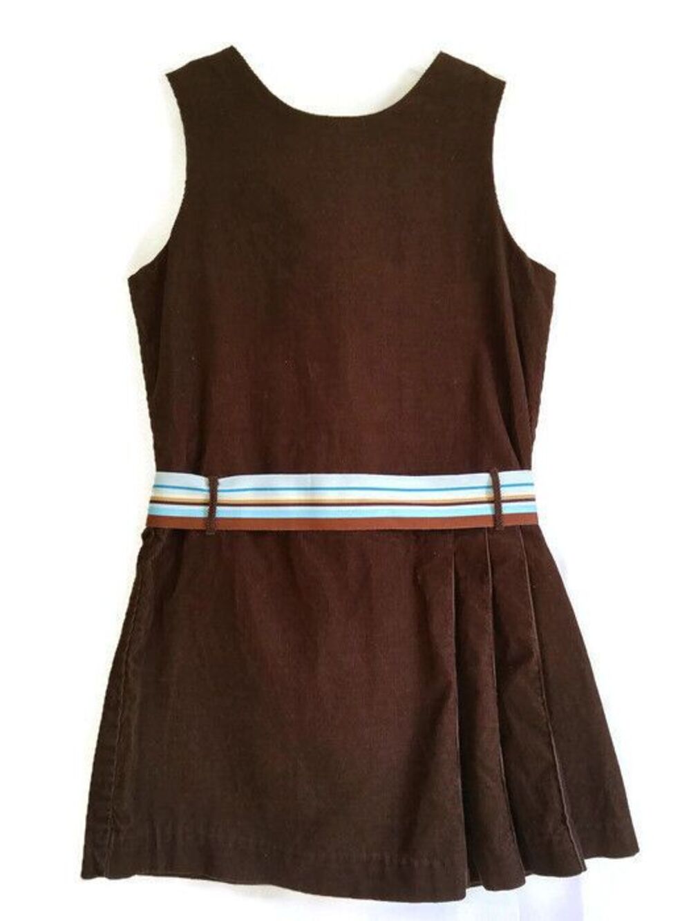 Chabre Dress Girls 5 Sleeveless Brown Corduroy Blue Stripe Ribbon Belt